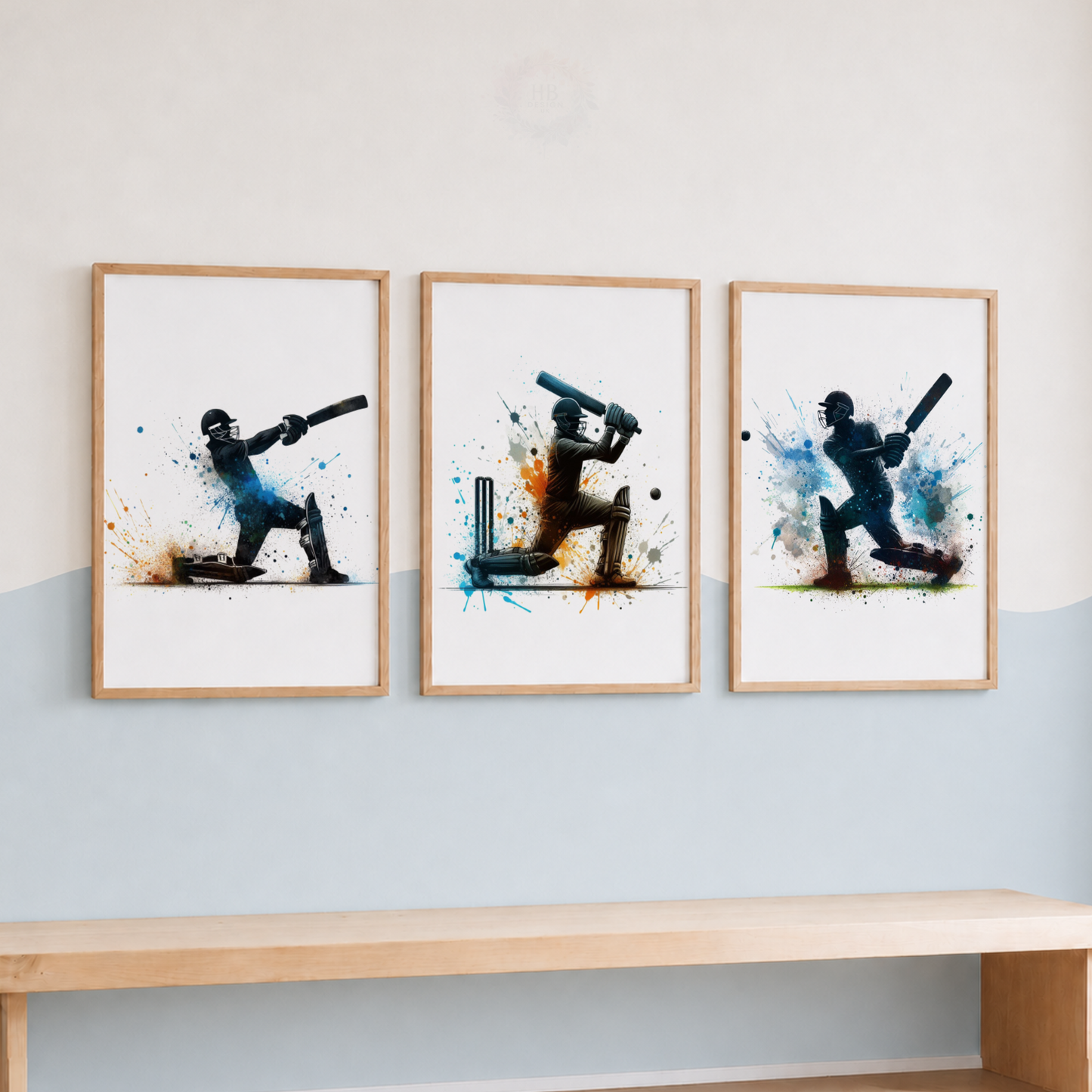 Cricket Batsman Watercolor Wall Art Set – Blue & Orange Cricket Player Sports Prints
