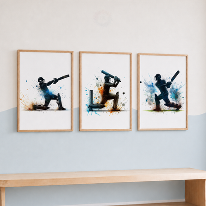 Cricket Batsman Watercolor Wall Art Set – Blue & Orange Cricket Player Sports Prints