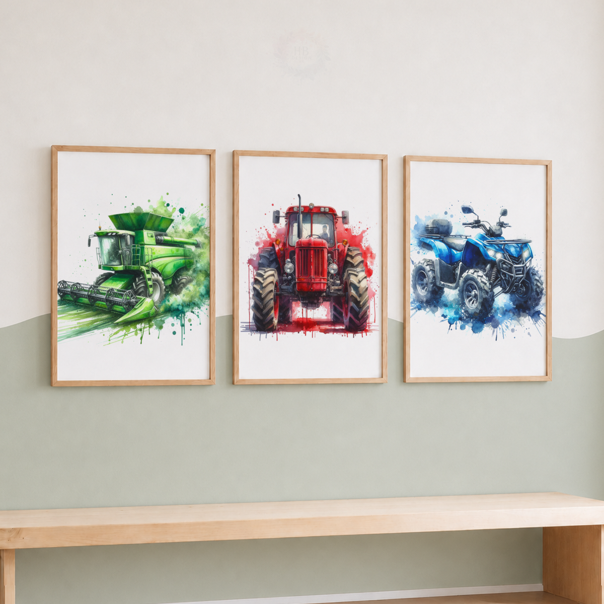 Farm Vehicle Nursery Prints Set – Tractor, Combine Harvester & Quad Bike Wall Art