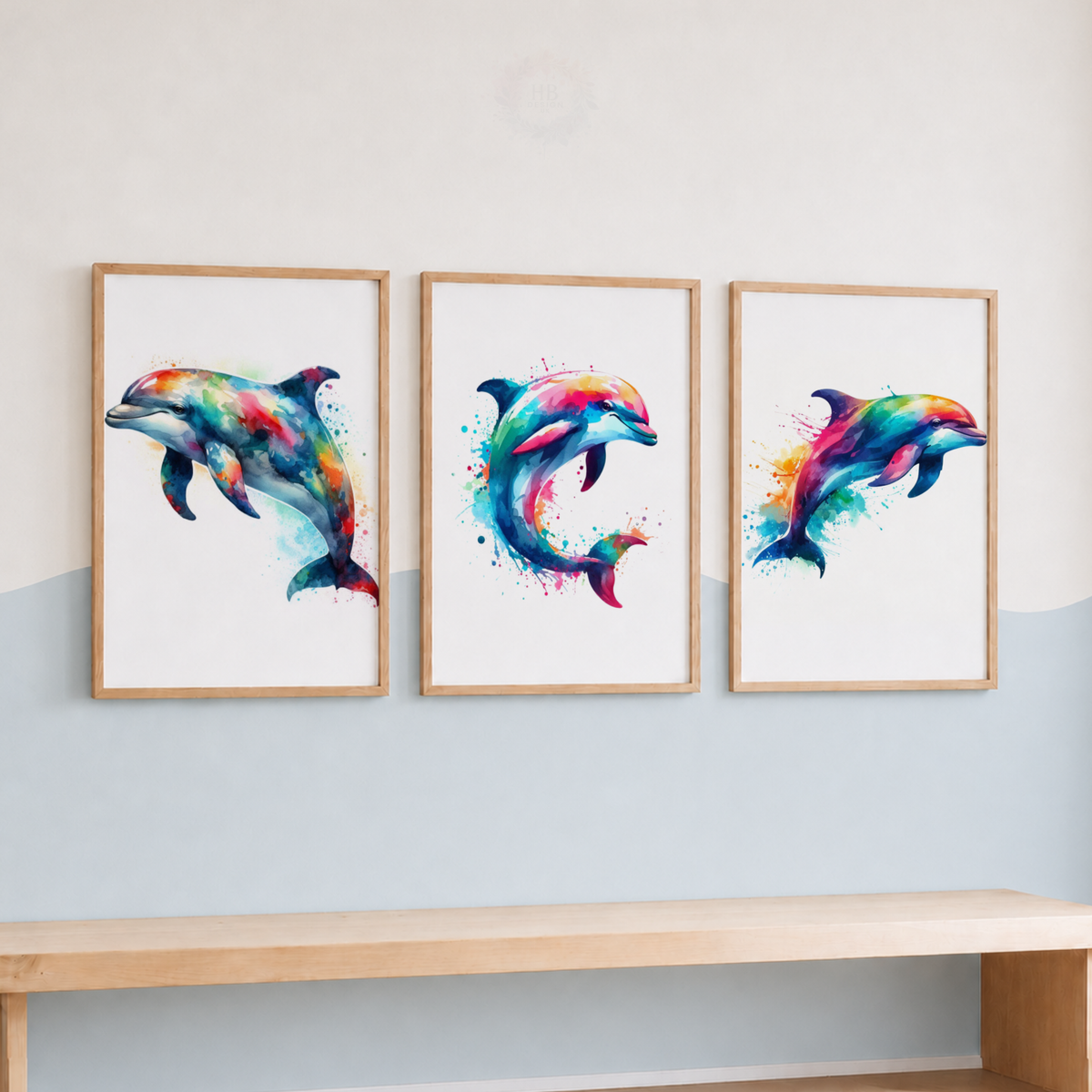 Colorful Dolphin Watercolor Wall Art Set – Ocean Animal Nursery Prints