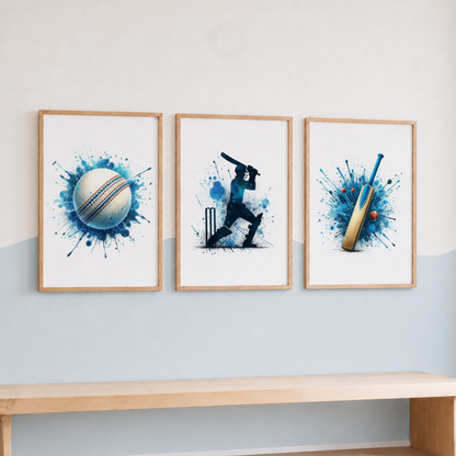 Blue Cricket Watercolor Wall Art Set – Cricket Ball, Batsman & Bat Sports Prints