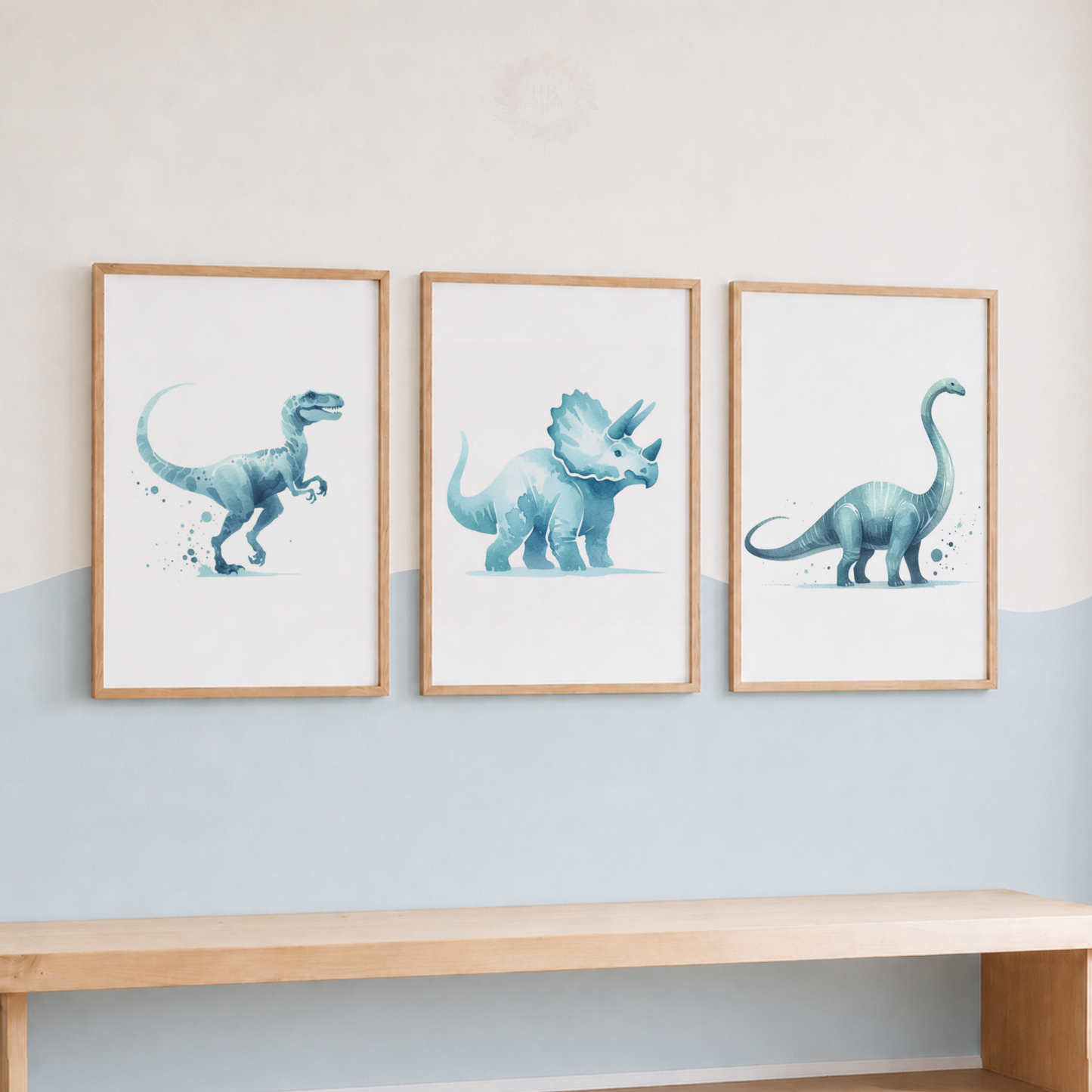 Blue Dinosaur Nursery Prints Set – Watercolour Dino Wall Art