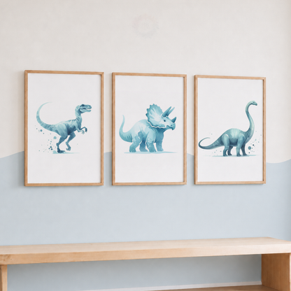 Blue Dinosaur Nursery Prints Set – Watercolour Dino Wall Art