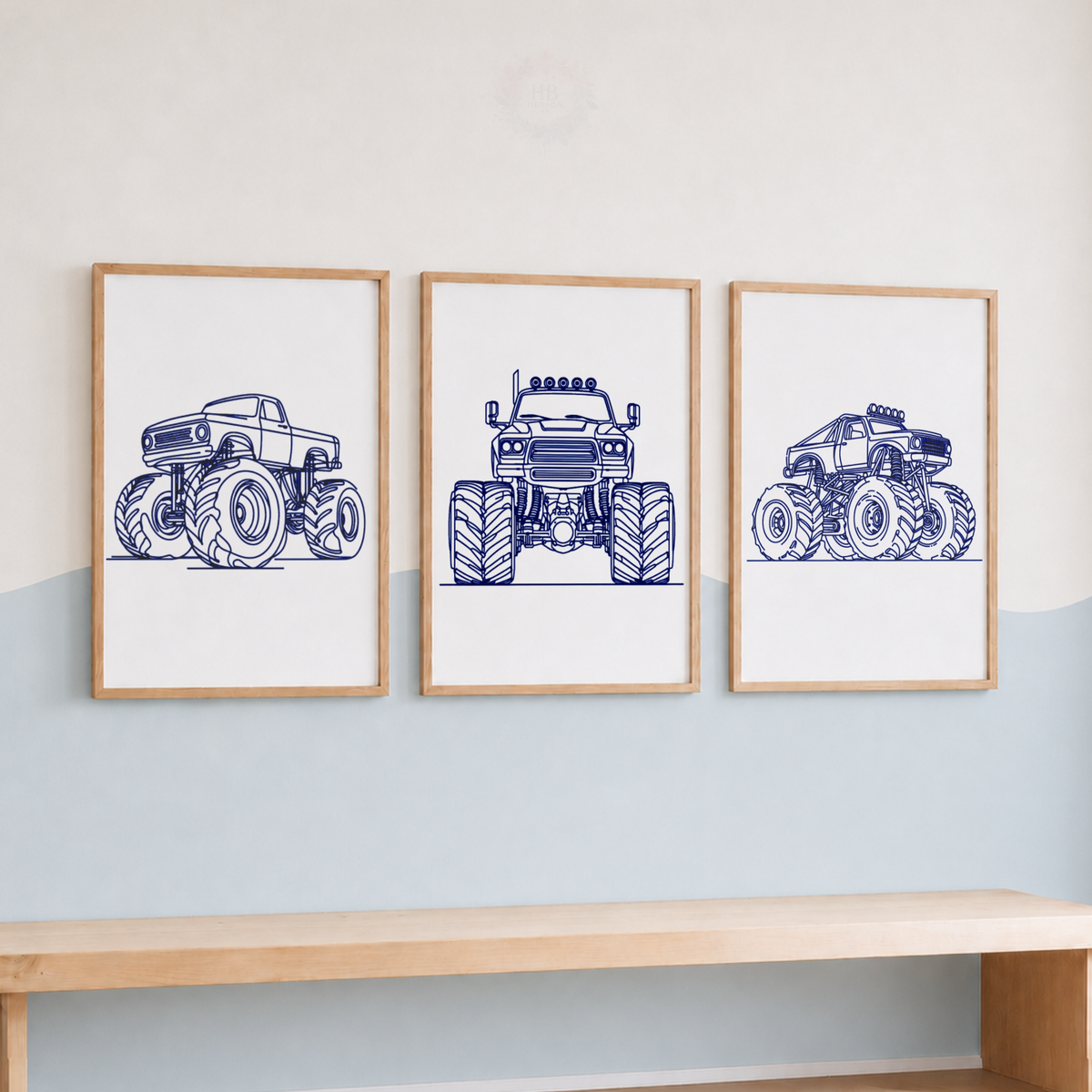 Monster Truck Line Art Prints Set – Boys Vehicle Nursery Wall Art