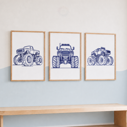 Monster Truck Line Art Prints Set – Boys Vehicle Nursery Wall Art
