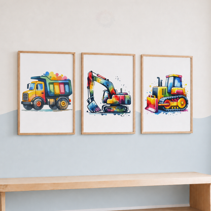 Colorful Construction Vehicle Nursery Prints Set – Dump Truck Excavator & Bulldozer Wall Art