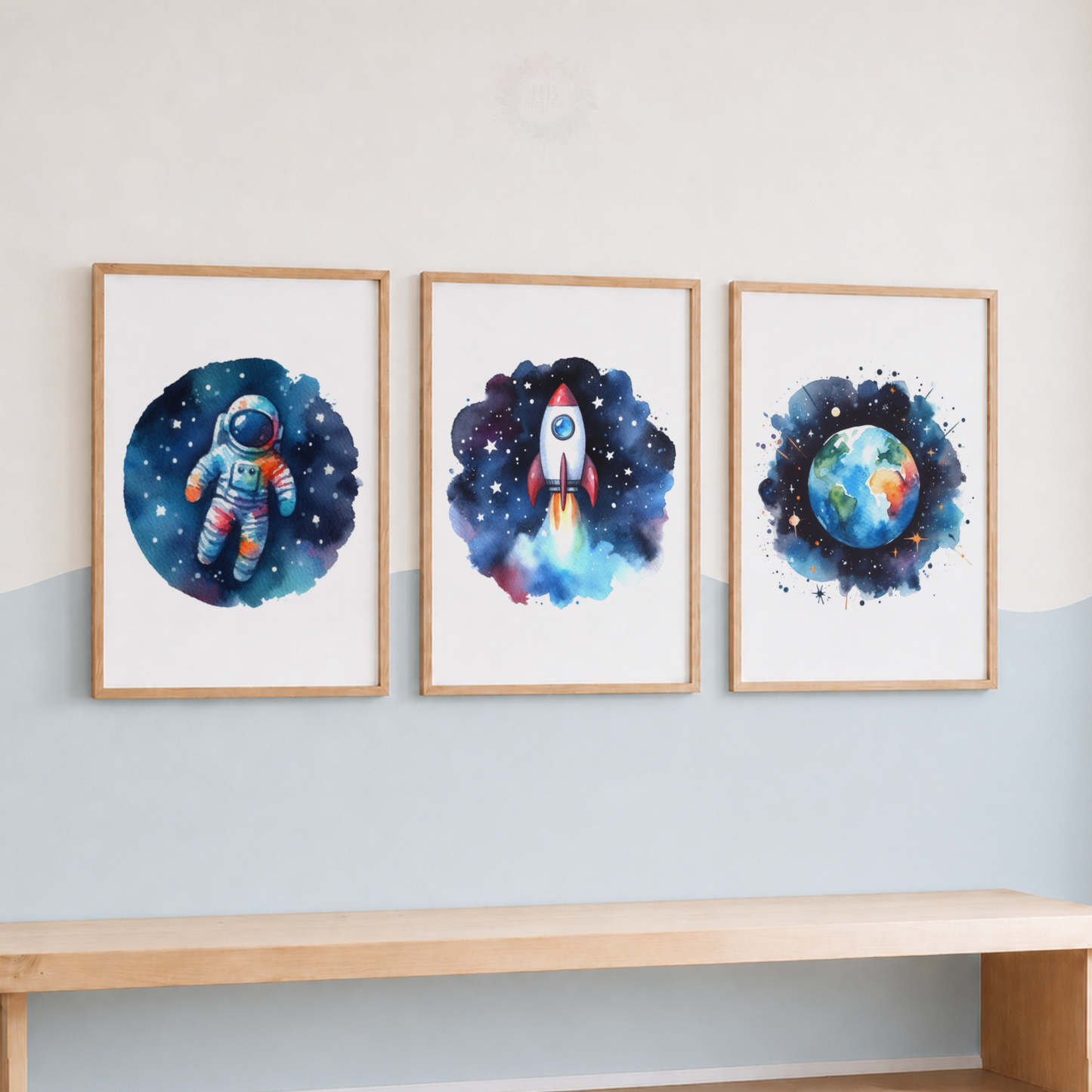 Watercolor Space Nursery Prints Set – Astronaut Rocket & Earth Wall Art