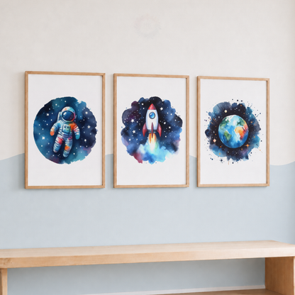 Watercolor Space Nursery Prints Set – Astronaut Rocket & Earth Wall Art