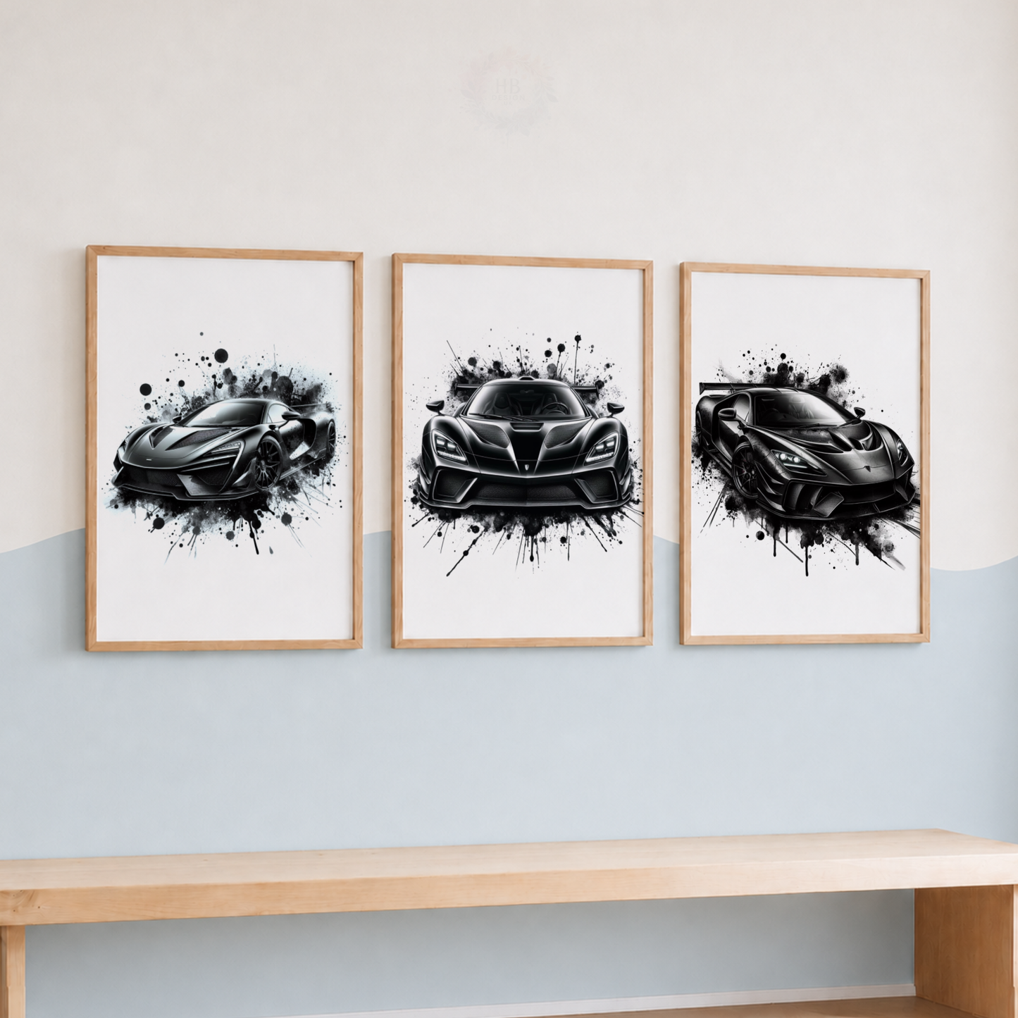 Black Supercar Wall Art Set – Monochrome Sports Car Prints