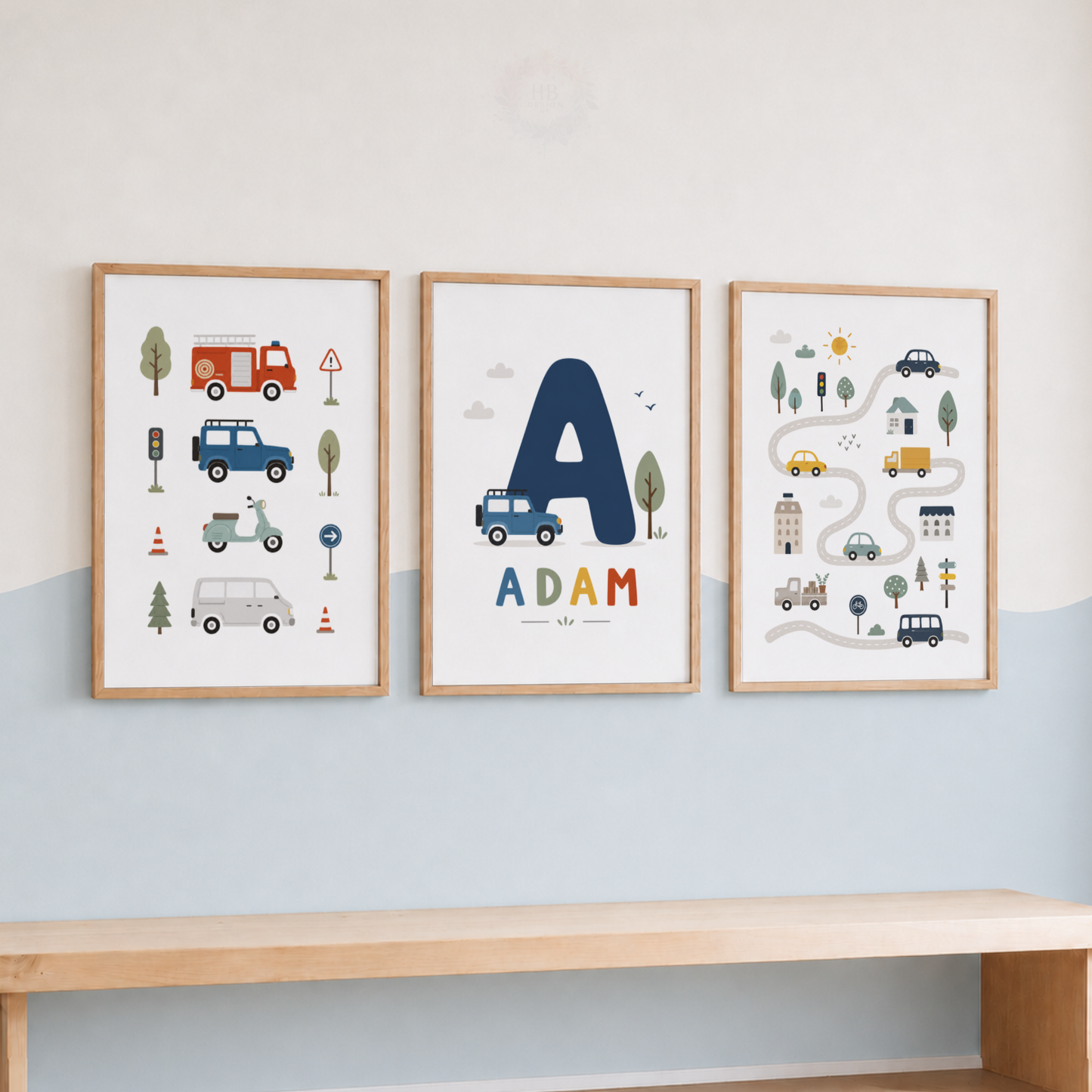 Personalised Transport Nursery Wall Art Set – Cars, Fire Engine & Name Initial Prints