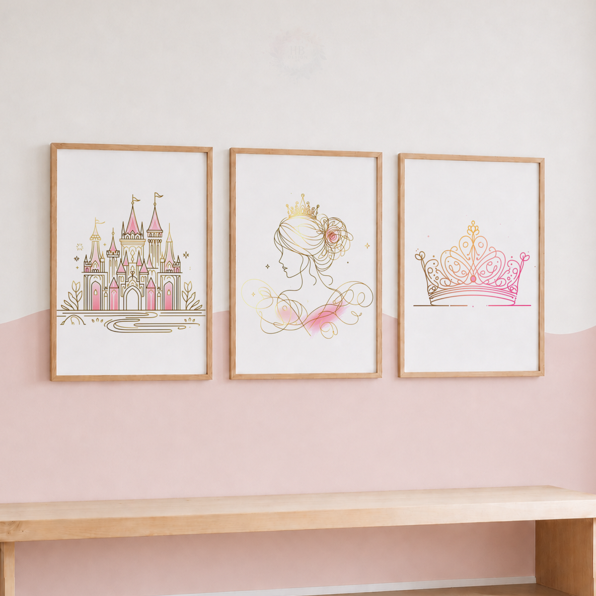 Princess Wall Art Set – Pink & Gold Castle, Princess & Crown Prints