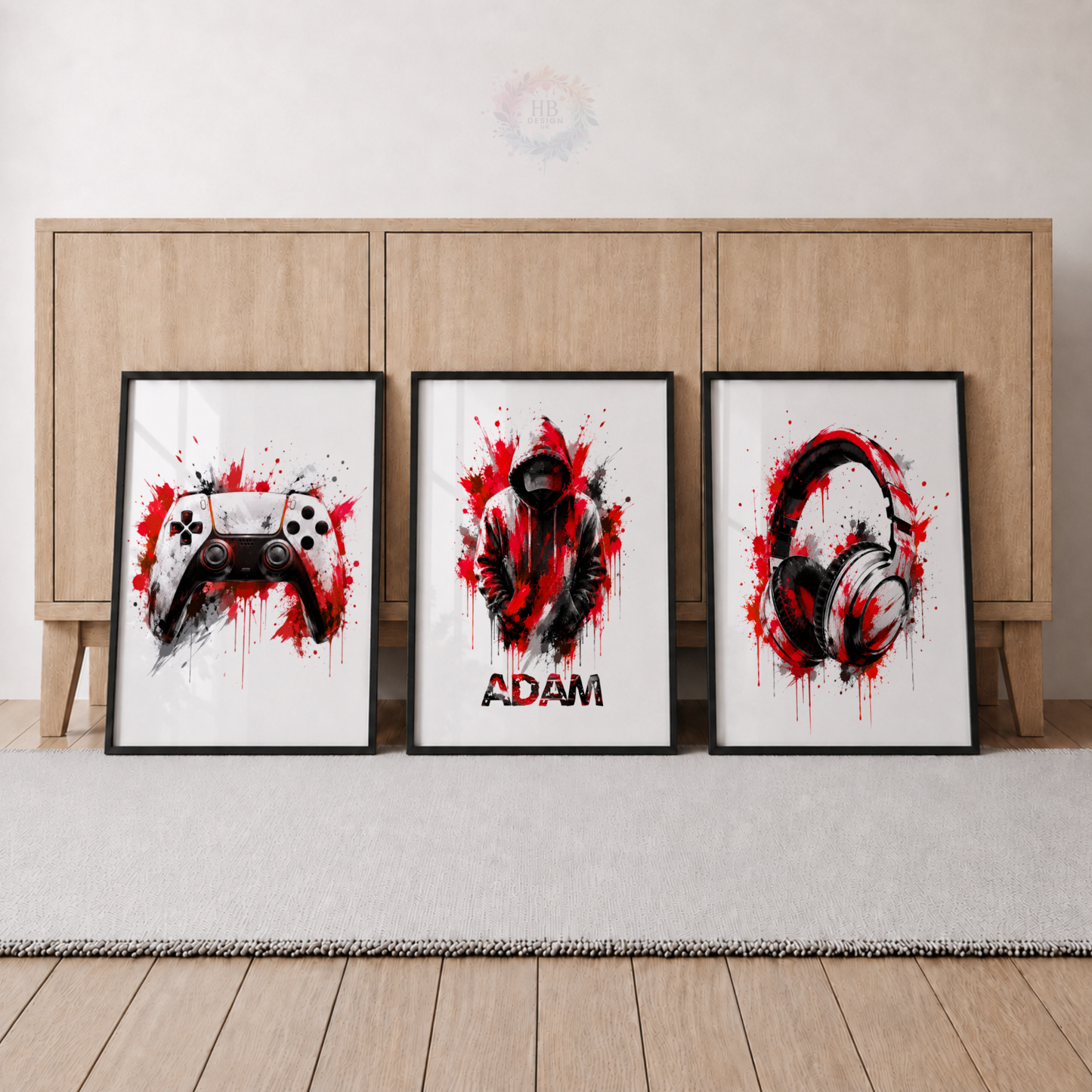 Personalised Red & Black Gamer Wall Art Set – Gaming Controller & Headphones Prints
