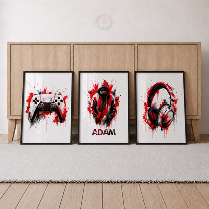 Personalised Red & Black Gamer Wall Art Set – Gaming Controller & Headphones Prints