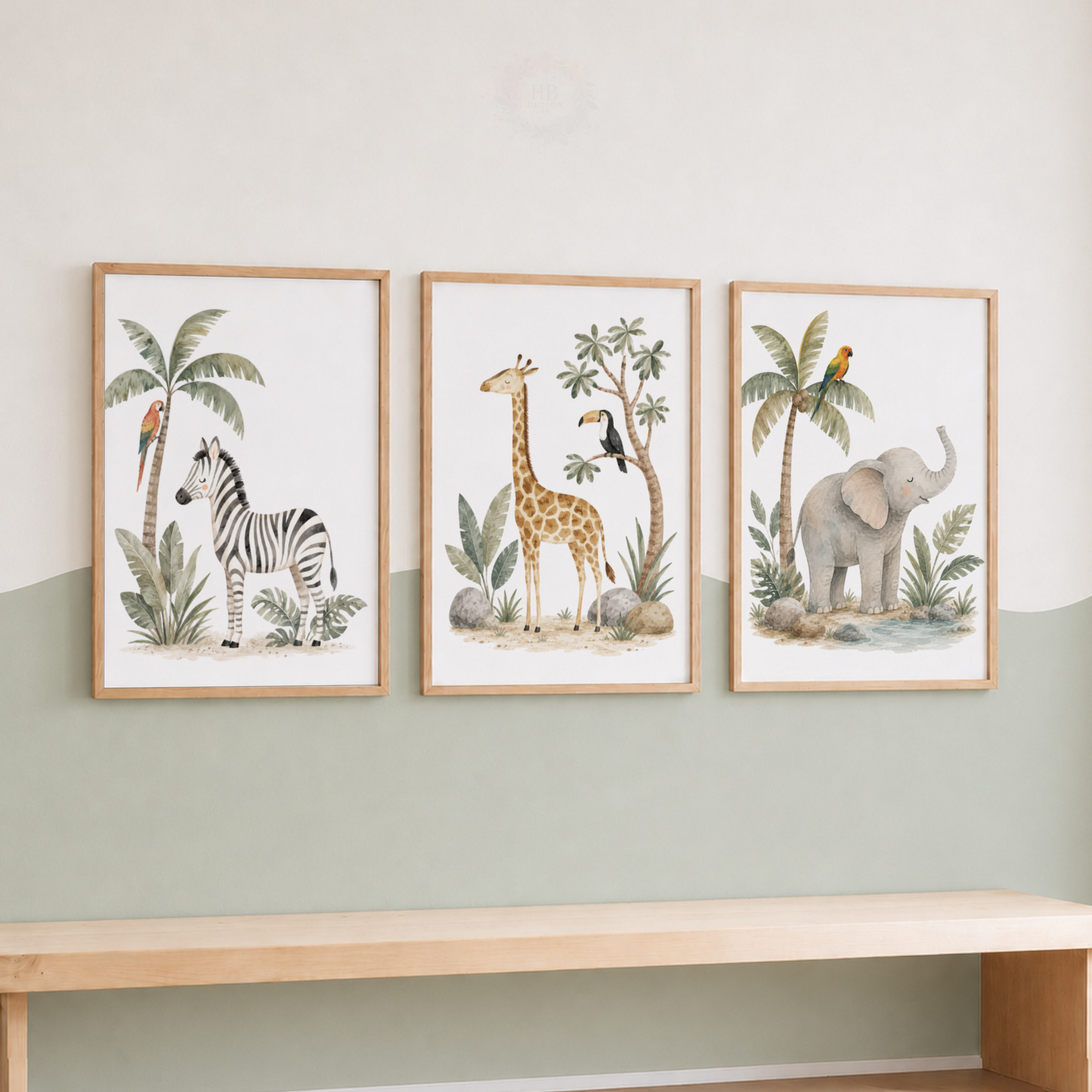 Safari Animals Nursery Prints – Set of 3 Jungle Animal Watercolour Wall Art