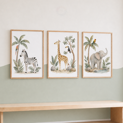 Safari Animals Nursery Prints – Set of 3 Jungle Animal Watercolour Wall Art