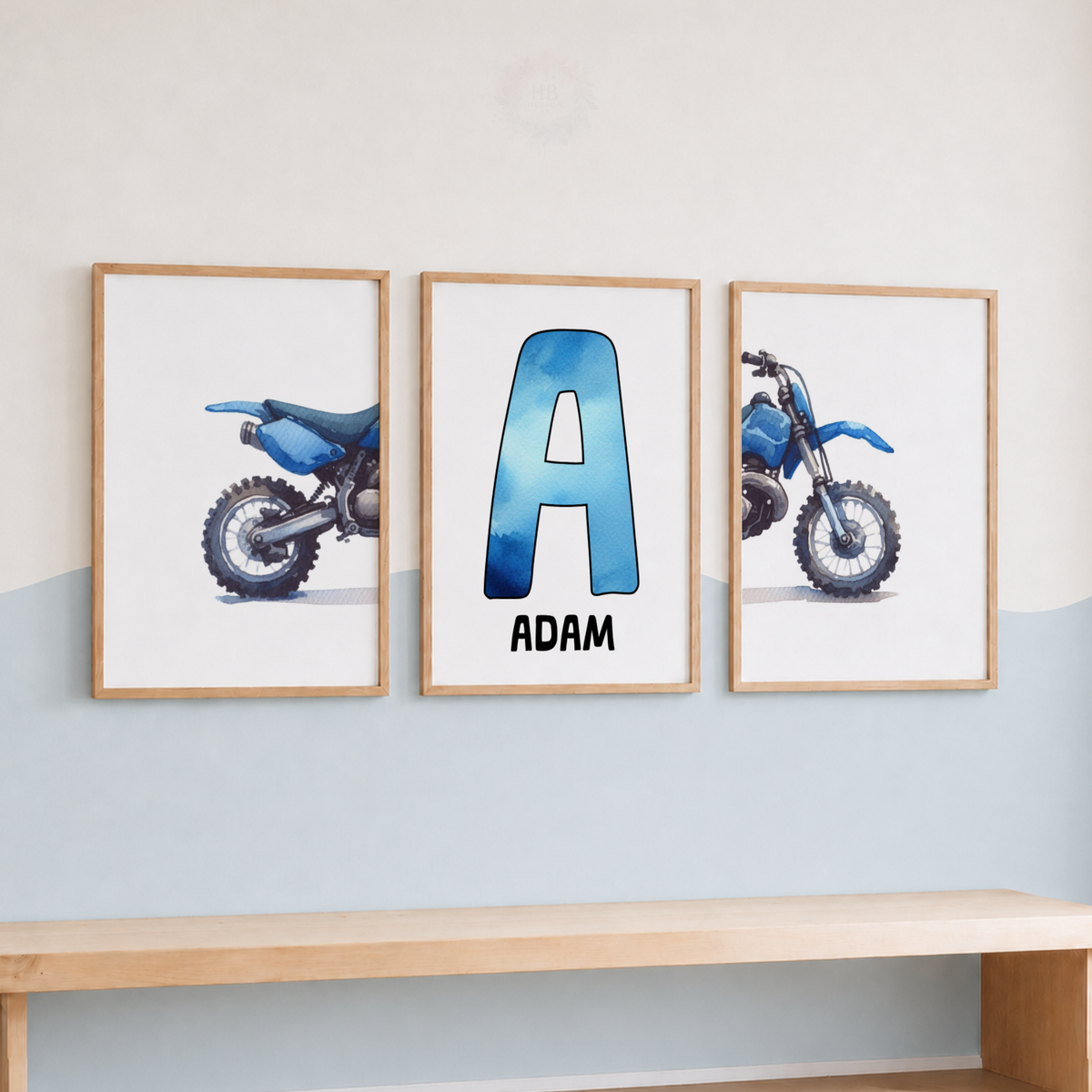 Personalised Blue Motocross Wall Art Set – Dirt Bike Name Print for Boys