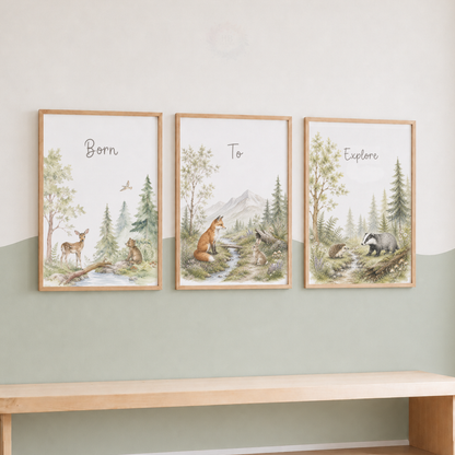 Woodland Animal Nursery Prints – Set of 3 Born to Explore Forest Wall Art