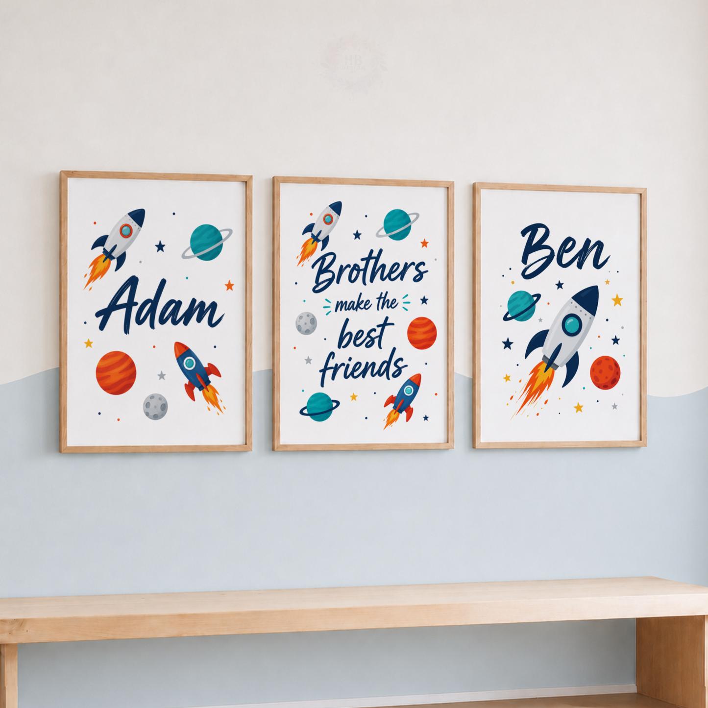 Space Brothers – Personalised Rocket & Planets Boys Print Set