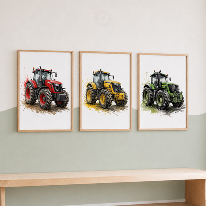 Tractor Nursery Wall Art Set – Red, Yellow & Green Farm Tractor Prints