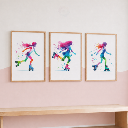 Girls Roller Skating Wall Art Set – Colourful Watercolour Roller Skater Prints