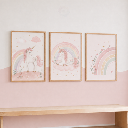 Pastel Unicorn Rainbow Nursery Wall Art Set – Pink Girls Bedroom Prints