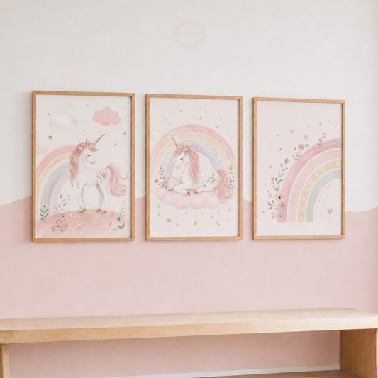 Pastel Unicorn Rainbow Nursery Wall Art Set – Pink Girls Bedroom Prints