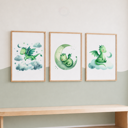 Green Watercolour Dragon Wall Art Set – Moon & Stars Nursery Prints