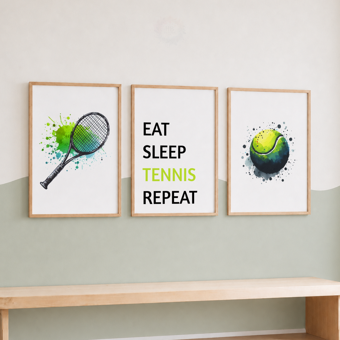 Tennis Wall Art Set – Eat Sleep Tennis Repeat Prints for Boys’ Bedroom