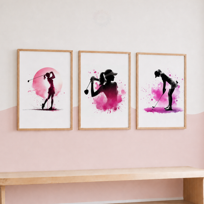 Girls Golf Wall Art Set – Pink Watercolour Golfer Prints