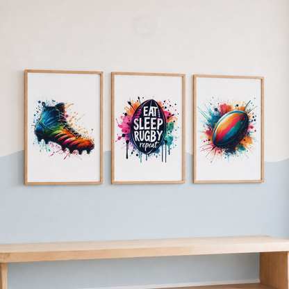 Rugby Watercolor Wall Art Set – Colourful Rugby Boot, Quote & Ball Sports Prints