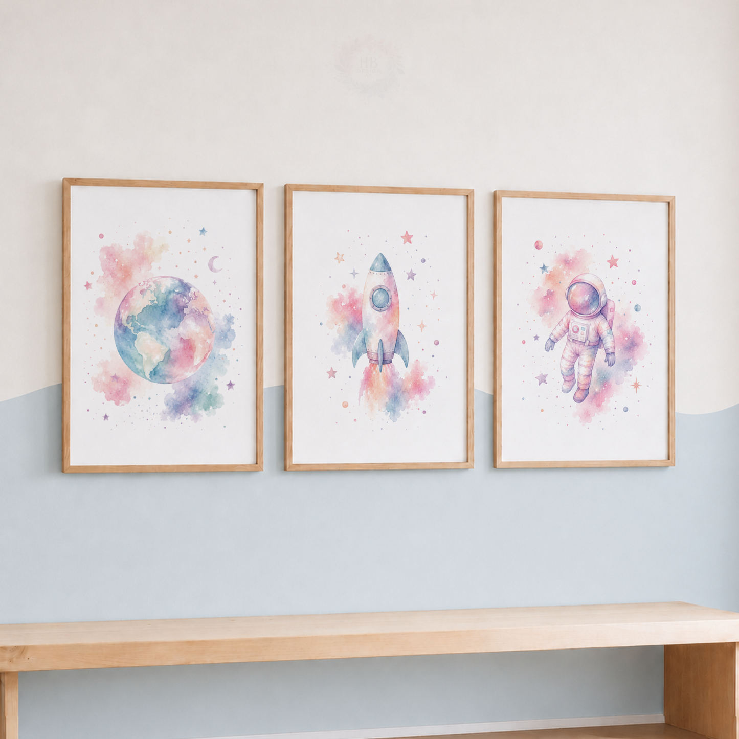 Pastel Space Adventure Prints – Set of 3 Watercolour Nursery Wall Art