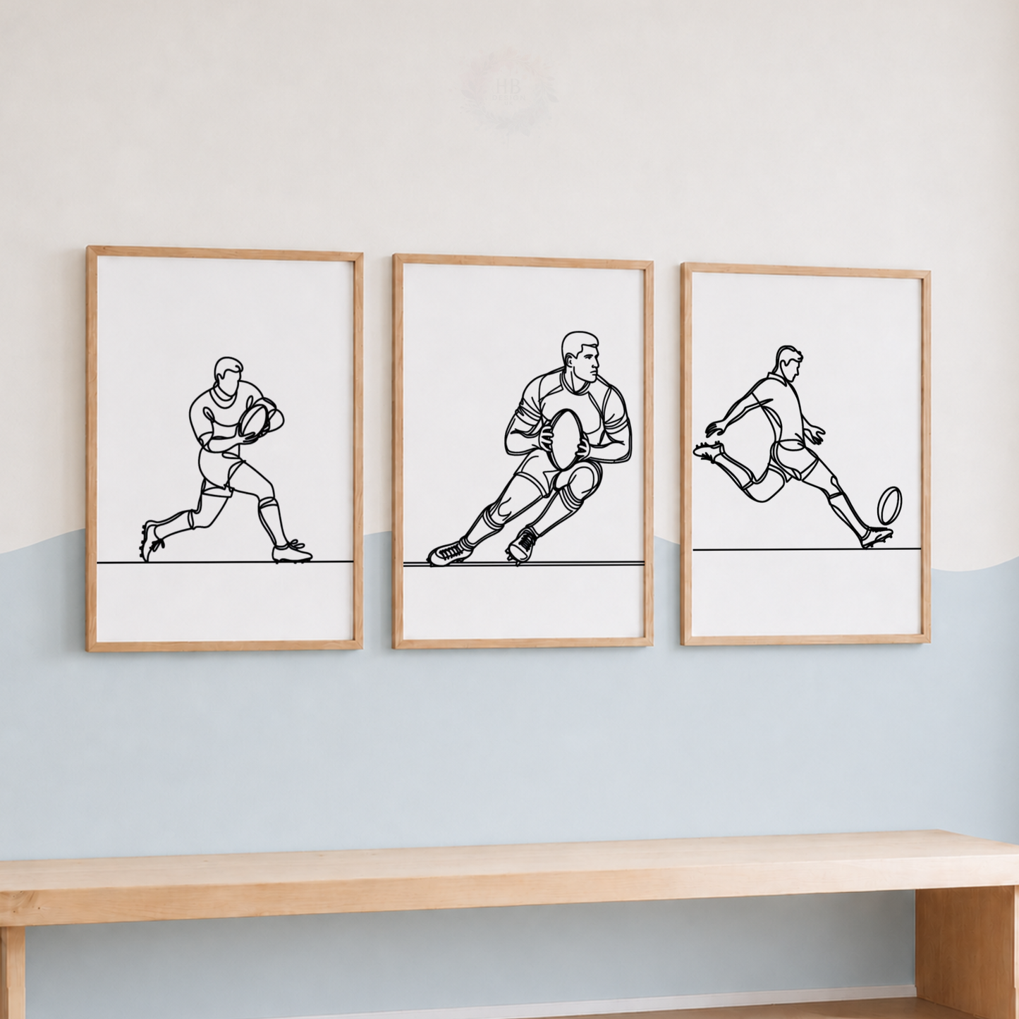 Rugby Wall Art Set – Minimalist Line Art Rugby Player Prints for Boys’ Bedroom