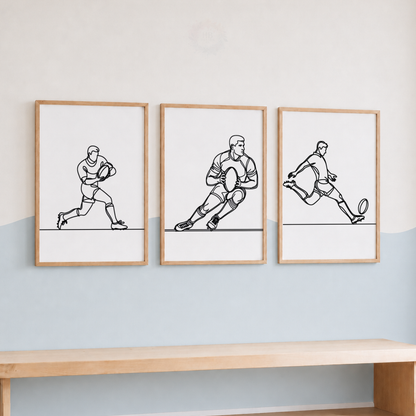Rugby Wall Art Set – Minimalist Line Art Rugby Player Prints for Boys’ Bedroom