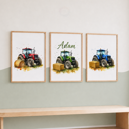 Tractor Trio – Personalised Set of 3 Watercolour Tractor Nursery Prints
