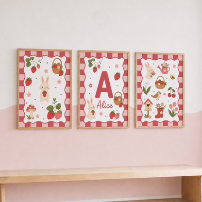 Strawberry Garden – Personalised Set of 3 Nursery Prints