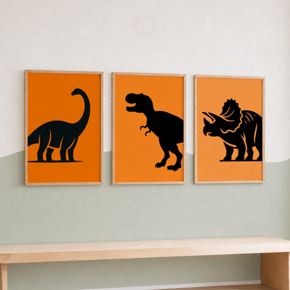 Dinosaur Nursery Prints Set – Orange Dinosaur Silhouette Wall Art