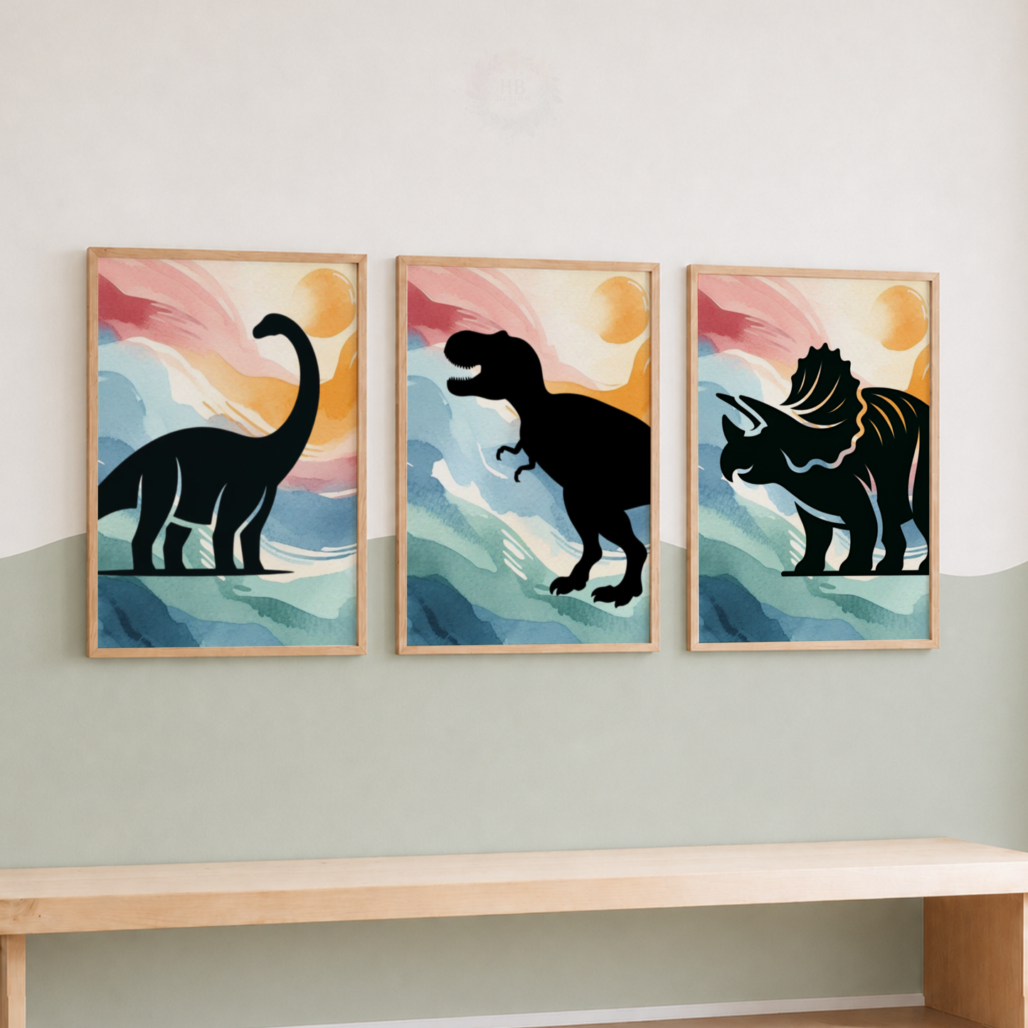 Colourful Dinosaur Nursery Prints Set – Watercolour Dino Silhouette Wall Art