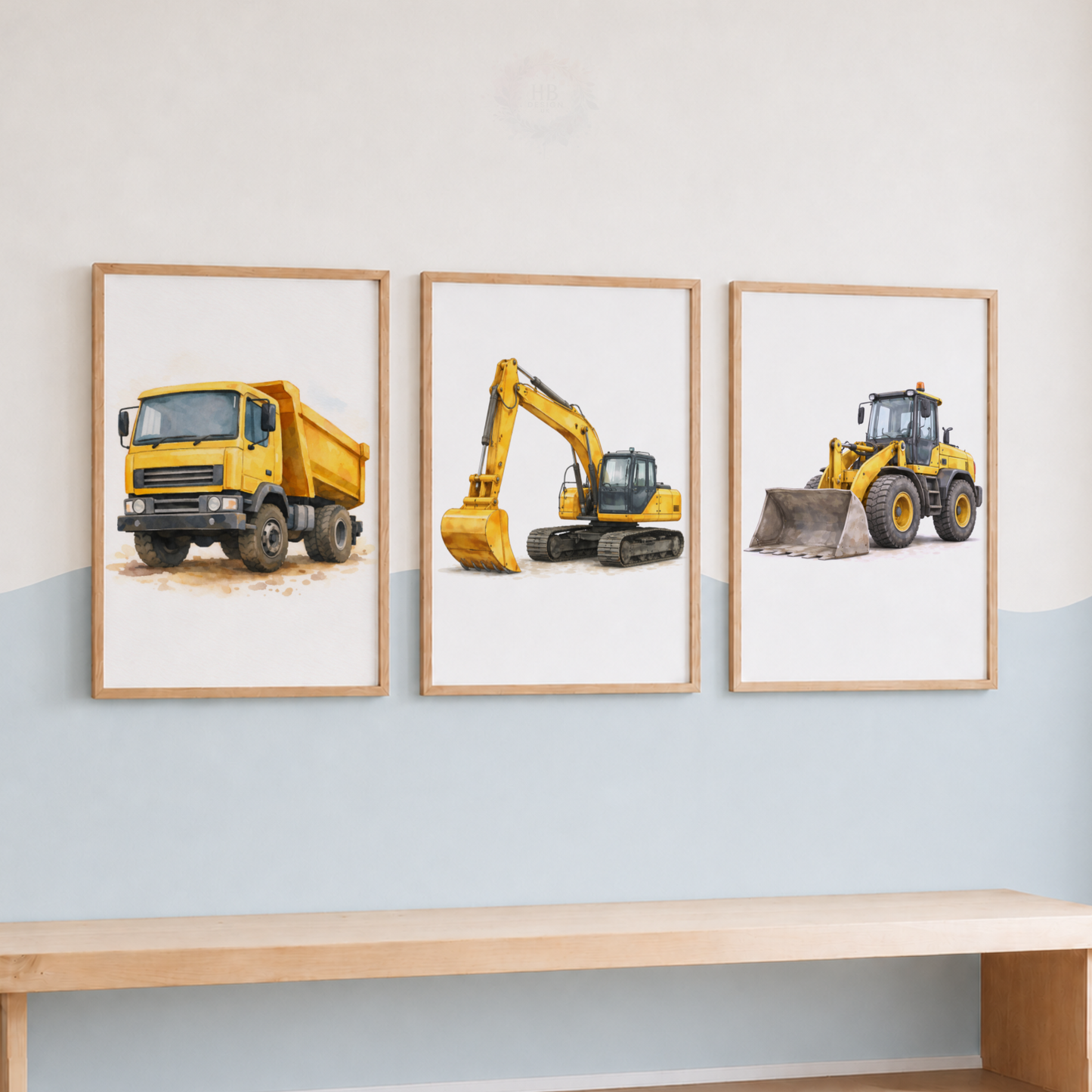 Construction Vehicle Nursery Prints Set – Dump Truck Excavator & Bulldozer Wall Art