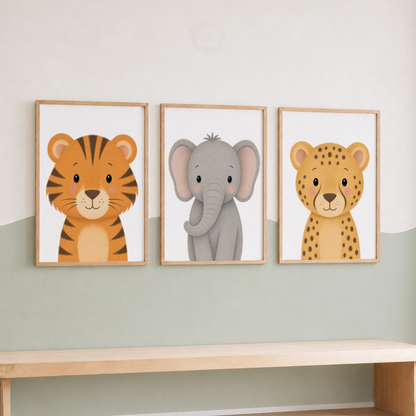 Safari Animal Nursery Prints Set – Tiger Elephant & Leopard Wall Art