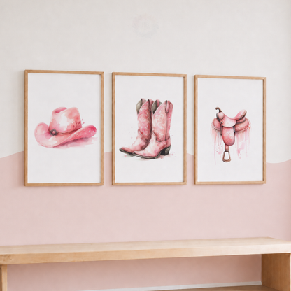 Pink Cowgirl Wall Art Set – Cowboy Hat, Boots & Saddle Prints