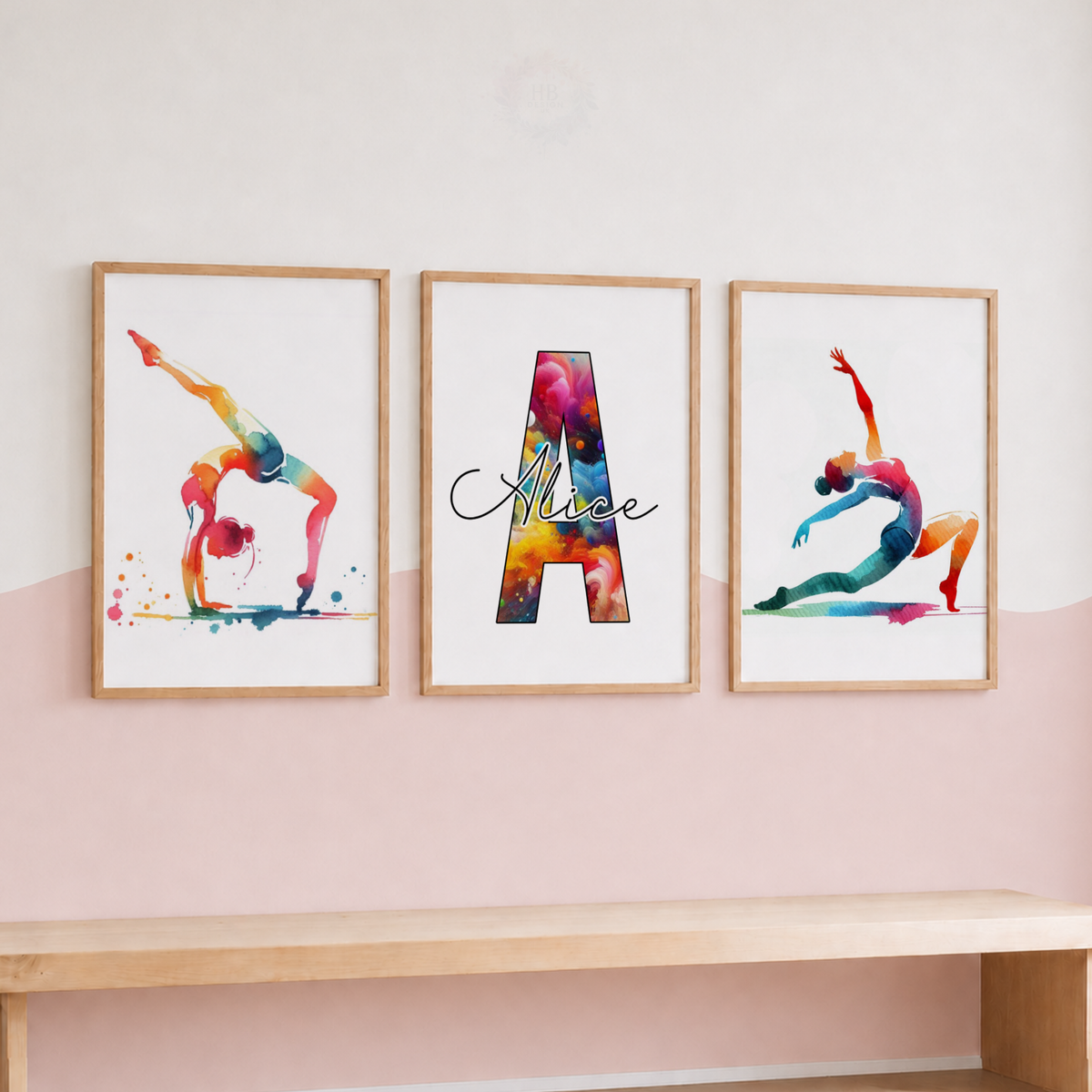 Personalised Gymnastics Wall Art Set – Rainbow Watercolour Gymnast Prints