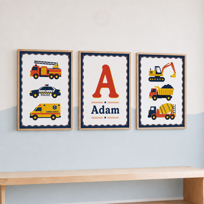 Busy Vehicles – Personalised Set of 3 Transport Nursery Prints