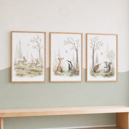 Woodland Animal Nursery Prints – Fox, Badger, Rabbits, Hedgehog & Squirrel Wall Art Set