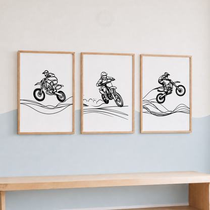 Motocross Wall Art Set – Black & White Dirt Bike Prints for Boys’ Bedroom