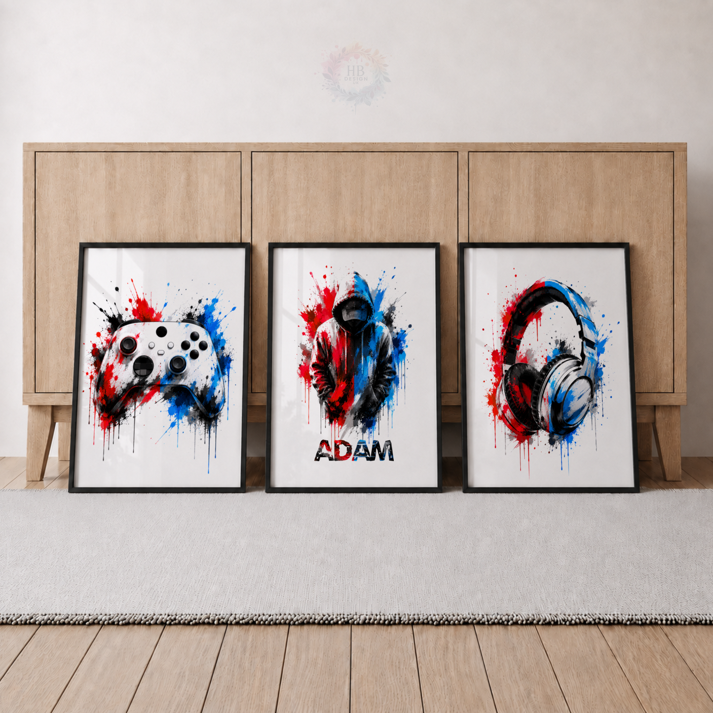 Personalised Red & Blue Gamer Wall Art Set – Gaming Controller & Headphones Prints