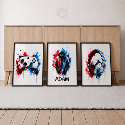 Personalised Red & Blue Gamer Wall Art Set – Gaming Controller & Headphones Prints