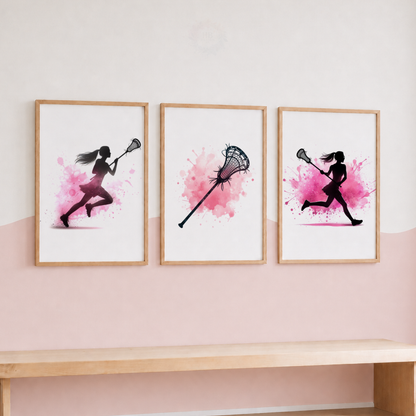 Girls Lacrosse Wall Art Set – Pink Watercolour Female Lacrosse Player Prints