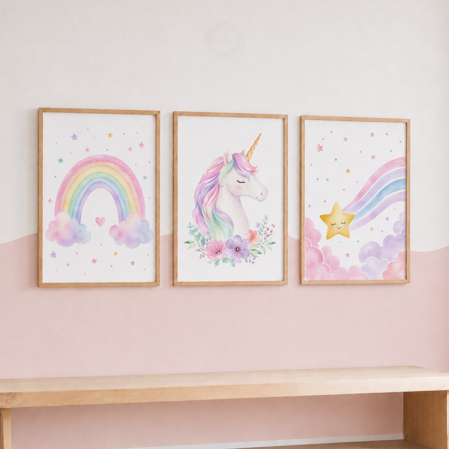 Unicorn Rainbow Nursery Prints – Pastel Girls Bedroom Wall Art Set