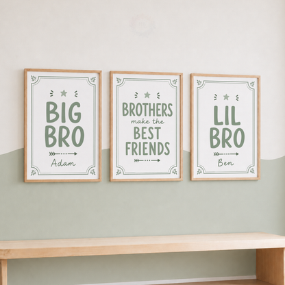 Big Bro, Little Bro – Sage Personalised Set of 3 Brothers Nursery Prints