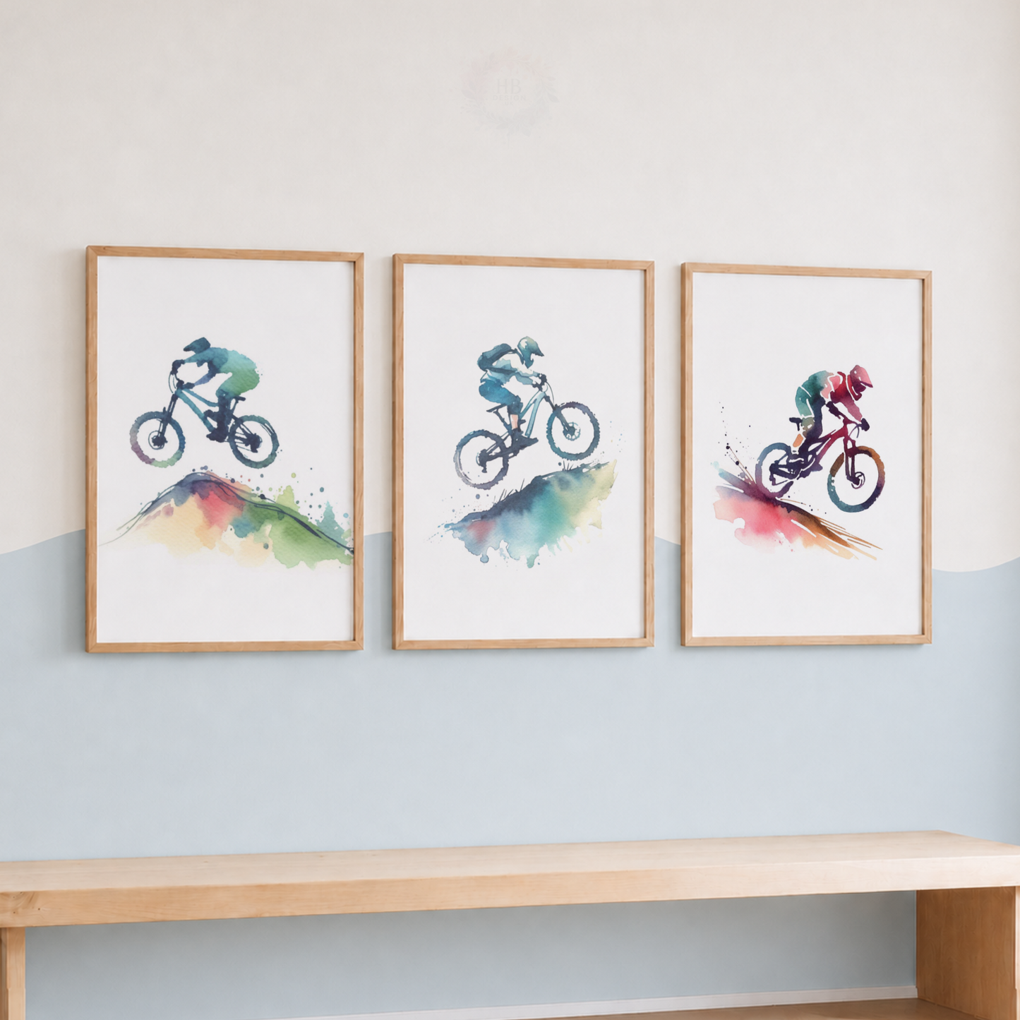 Mountain Biking Watercolor Wall Art Set – Colourful MTB Cyclist & Trail Sports Prints